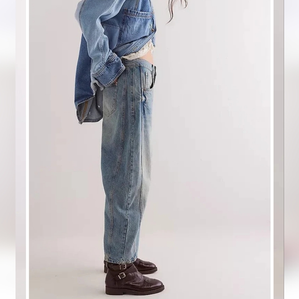 Free People Good Luck Barrel Jeans Mid Rise Distressed Relaxed Kismet  28 NWOT - Picture 6 of 15